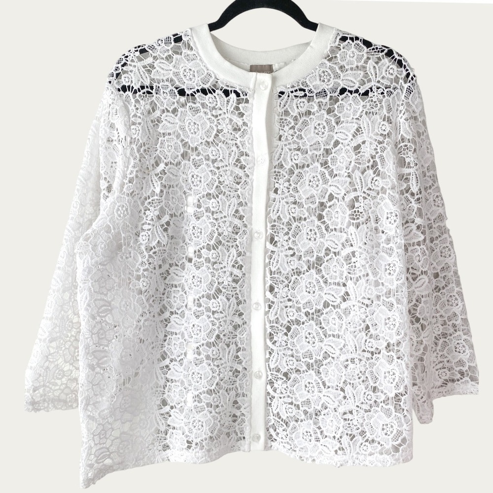 Chicos Womens Button Up Shirt L White Floral Crochet Lace Sheer Cottage Dainty